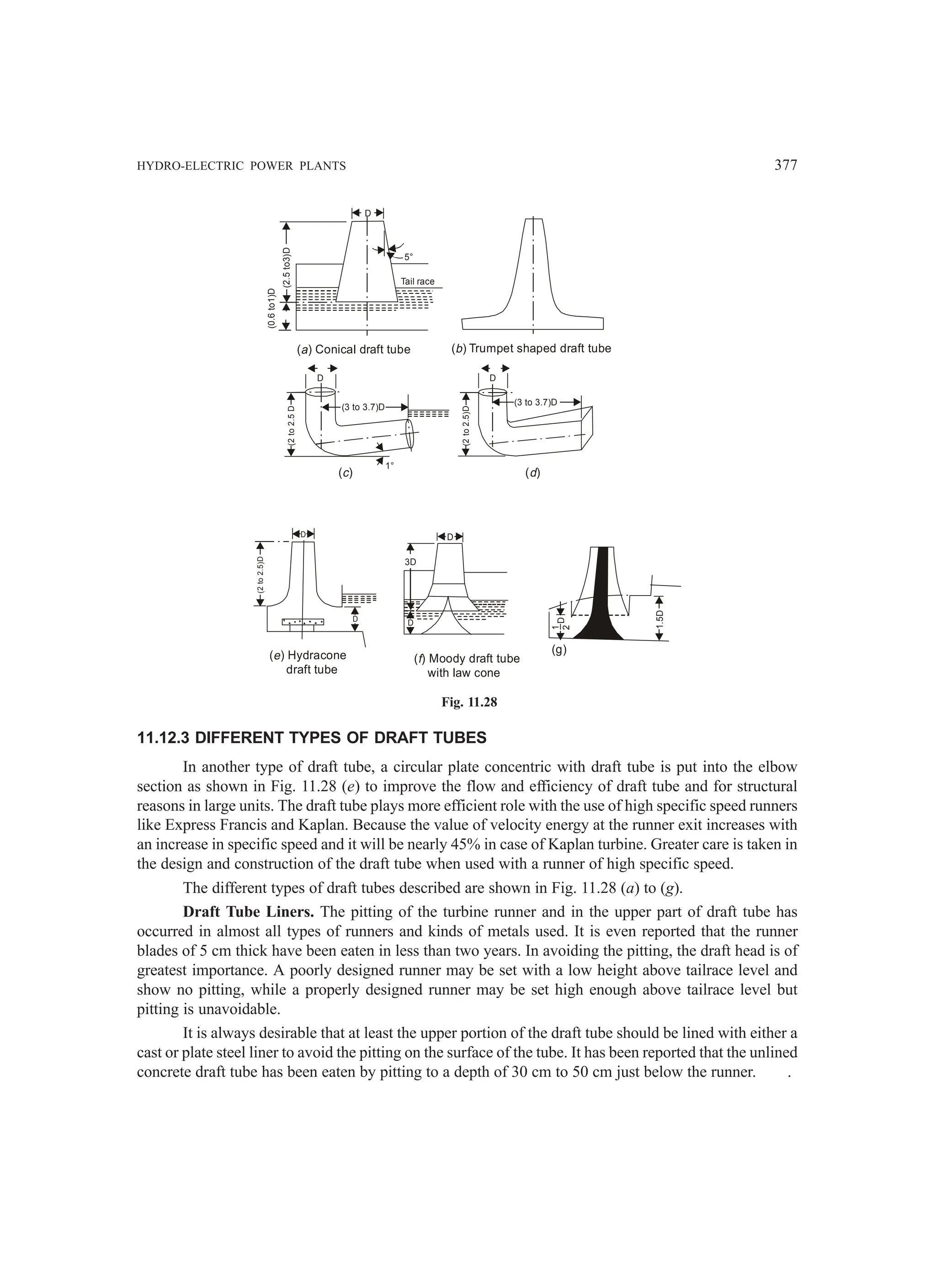 HYDRO-ELECTRIC POWER PLANTS 377
D
Tail race
5°
(2.5
to3)D
(0.6
to1)D
( ) Conical draft tube
a ( ) Trumpet shaped draft tube
b
D
(3 to 3.7)D
(2
to
2.5
D
1°
D
(3 to 3.7)D
(2
to
2.5)D
( )
c ( )
d
1
2
D
1.5D
(2
to
2.5)D
D
D
3D
D
D
( ) Hydracone
draft tube
e ( ) Moody draft tube
with law cone
f
(g)
Fig. 11.28
11.12.3 DIFFERENT TYPES OF DRAFT TUBES
In another type of draft tube, a circular plate concentric with draft tube is put into the elbow
section as shown in Fig. 11.28 (e) to improve the flow and efficiency of draft tube and for structural
reasons in large units. The draft tube plays more efficient role with the use of high specific speed runners
like Express Francis and Kaplan. Because the value of velocity energy at the runner exit increases with
an increase in specific speed and it will be nearly 45% in case of Kaplan turbine. Greater care is taken in
the design and construction of the draft tube when used with a runner of high specific speed.
The different types of draft tubes described are shown in Fig. 11.28 (a) to (g).
Draft Tube Liners. The pitting of the turbine runner and in the upper part of draft tube has
occurred in almost all types of runners and kinds of metals used. It is even reported that the runner
blades of 5 cm thick have been eaten in less than two years. In avoiding the pitting, the draft head is of
greatest importance. A poorly designed runner may be set with a low height above tailrace level and
show no pitting, while a properly designed runner may be set high enough above tailrace level but
pitting is unavoidable.
It is always desirable that at least the upper portion of the draft tube should be lined with either a
cast or plate steel liner to avoid the pitting on the surface of the tube. It has been reported that the unlined
concrete draft tube has been eaten by pitting to a depth of 30 cm to 50 cm just below the runner. .
 