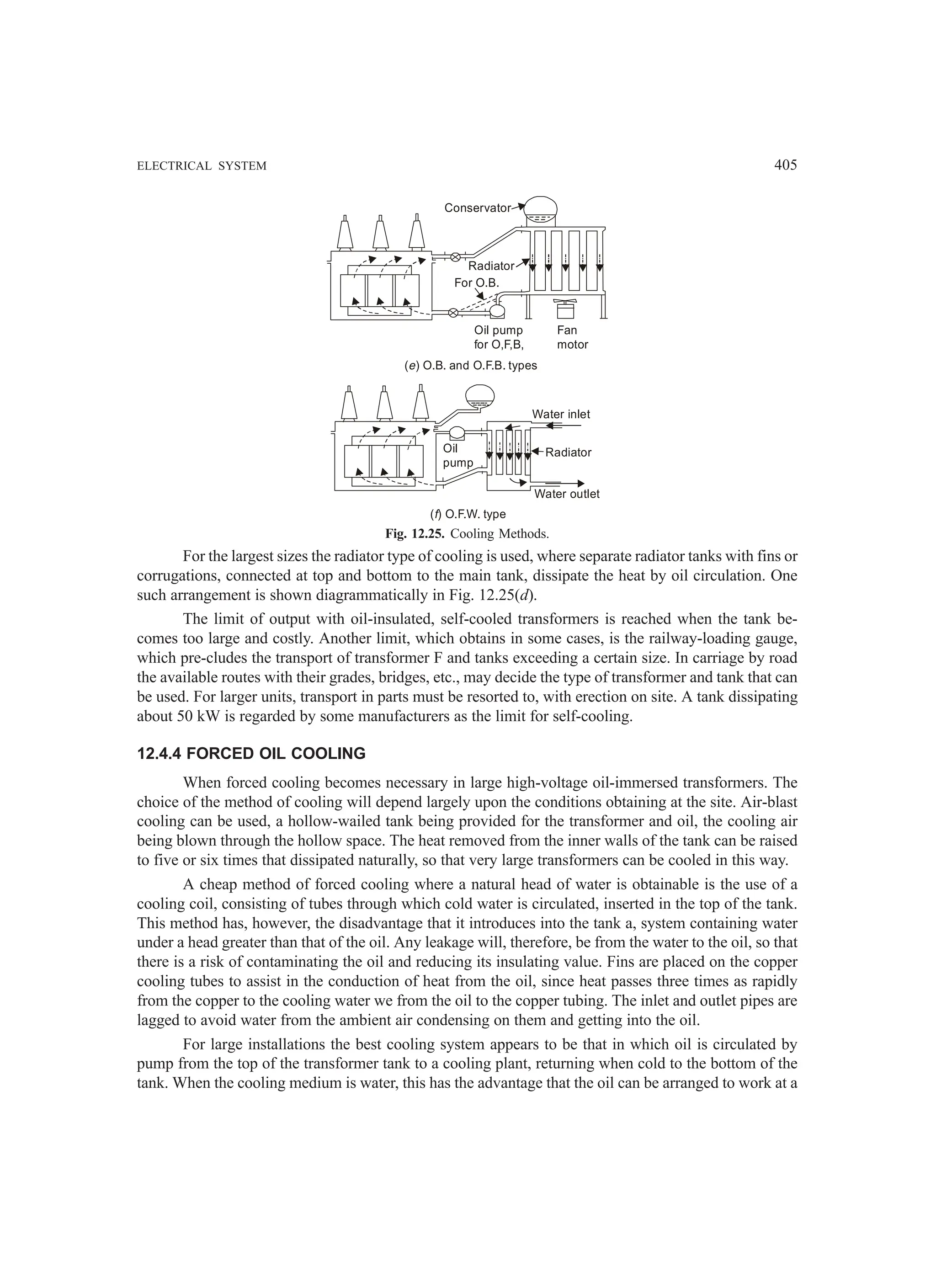 ELECTRICAL SYSTEM 405
Conservator
Radiator
For O.B.
Oil pump
for O,F,B,
( ) O.B. and O.F.B. types
e
Fan
motor
Oil
pump
Water inlet
Water outlet
Radiator
( ) O.F.W. type
f
Fig. 12.25. Cooling Methods.
For the largest sizes the radiator type of cooling is used, where separate radiator tanks with fins or
corrugations, connected at top and bottom to the main tank, dissipate the heat by oil circulation. One
such arrangement is shown diagrammatically in Fig. 12.25(d).
The limit of output with oil-insulated, self-cooled transformers is reached when the tank be-
comes too large and costly. Another limit, which obtains in some cases, is the railway-loading gauge,
which pre-cludes the transport of transformer F and tanks exceeding a certain size. In carriage by road
the available routes with their grades, bridges, etc., may decide the type of transformer and tank that can
be used. For larger units, transport in parts must be resorted to, with erection on site. A tank dissipating
about 50 kW is regarded by some manufacturers as the limit for self-cooling.
12.4.4 FORCED OIL COOLING
When forced cooling becomes necessary in large high-voltage oil-immersed transformers. The
choice of the method of cooling will depend largely upon the conditions obtaining at the site. Air-blast
cooling can be used, a hollow-wailed tank being provided for the transformer and oil, the cooling air
being blown through the hollow space. The heat removed from the inner walls of the tank can be raised
to five or six times that dissipated naturally, so that very large transformers can be cooled in this way.
A cheap method of forced cooling where a natural head of water is obtainable is the use of a
cooling coil, consisting of tubes through which cold water is circulated, inserted in the top of the tank.
This method has, however, the disadvantage that it introduces into the tank a, system containing water
under a head greater than that of the oil. Any leakage will, therefore, be from the water to the oil, so that
there is a risk of contaminating the oil and reducing its insulating value. Fins are placed on the copper
cooling tubes to assist in the conduction of heat from the oil, since heat passes three times as rapidly
from the copper to the cooling water we from the oil to the copper tubing. The inlet and outlet pipes are
lagged to avoid water from the ambient air condensing on them and getting into the oil.
For large installations the best cooling system appears to be that in which oil is circulated by
pump from the top of the transformer tank to a cooling plant, returning when cold to the bottom of the
tank. When the cooling medium is water, this has the advantage that the oil can be arranged to work at a
 