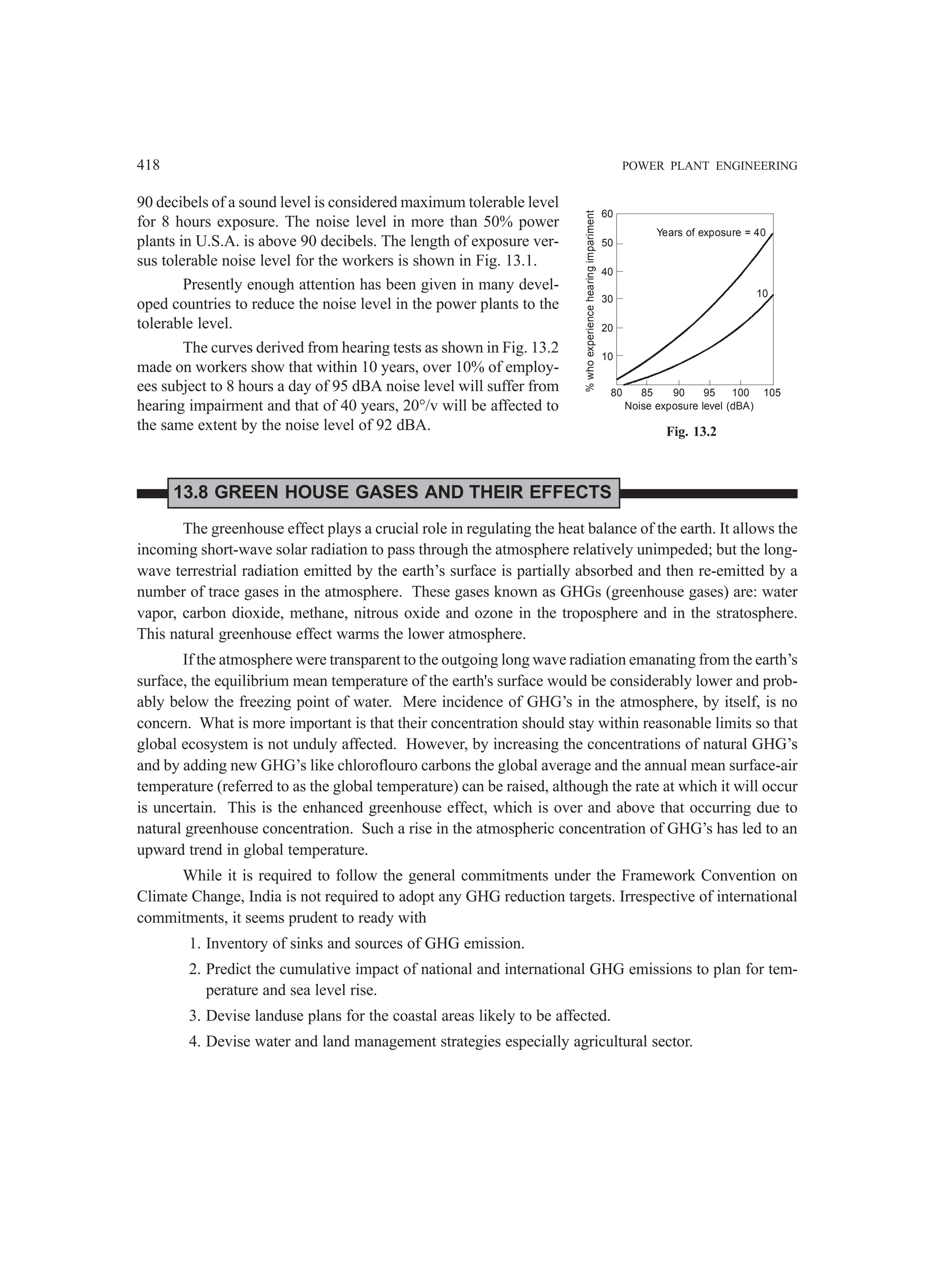 418 POWER PLANT ENGINEERING
90 decibels of a sound level is considered maximum tolerable level
for 8 hours exposure. The noise level in more than 50% power
plants in U.S.A. is above 90 decibels. The length of exposure ver-
sus tolerable noise level for the workers is shown in Fig. 13.1.
Presently enough attention has been given in many devel-
oped countries to reduce the noise level in the power plants to the
tolerable level.
The curves derived from hearing tests as shown in Fig. 13.2
made on workers show that within 10 years, over 10% of employ-
ees subject to 8 hours a day of 95 dBA noise level will suffer from
hearing impairment and that of 40 years, 20°/v will be affected to
the same extent by the noise level of 92 dBA.
13.8 GREEN HOUSE GASES AND THEIR EFFECTS
The greenhouse effect plays a crucial role in regulating the heat balance of the earth. It allows the
incoming short-wave solar radiation to pass through the atmosphere relatively unimpeded; but the long-
wave terrestrial radiation emitted by the earth’s surface is partially absorbed and then re-emitted by a
number of trace gases in the atmosphere. These gases known as GHGs (greenhouse gases) are: water
vapor, carbon dioxide, methane, nitrous oxide and ozone in the troposphere and in the stratosphere.
This natural greenhouse effect warms the lower atmosphere.
If the atmosphere were transparent to the outgoing long wave radiation emanating from the earth’s
surface, the equilibrium mean temperature of the earth's surface would be considerably lower and prob-
ably below the freezing point of water. Mere incidence of GHG’s in the atmosphere, by itself, is no
concern. What is more important is that their concentration should stay within reasonable limits so that
global ecosystem is not unduly affected. However, by increasing the concentrations of natural GHG’s
and by adding new GHG’s like chloroflouro carbons the global average and the annual mean surface-air
temperature (referred to as the global temperature) can be raised, although the rate at which it will occur
is uncertain. This is the enhanced greenhouse effect, which is over and above that occurring due to
natural greenhouse concentration. Such a rise in the atmospheric concentration of GHG’s has led to an
upward trend in global temperature.
While it is required to follow the general commitments under the Framework Convention on
Climate Change, India is not required to adopt any GHG reduction targets. Irrespective of international
commitments, it seems prudent to ready with
1. Inventory of sinks and sources of GHG emission.
2. Predict the cumulative impact of national and international GHG emissions to plan for tem-
perature and sea level rise.
3. Devise landuse plans for the coastal areas likely to be affected.
4. Devise water and land management strategies especially agricultural sector.
Years of exposure = 40
60
50
40
30
20
10
80 85 90 95 100 105
%
who
experience
hearing
impariment
Noise exposure level (dBA)
10
Fig. 13.2
 