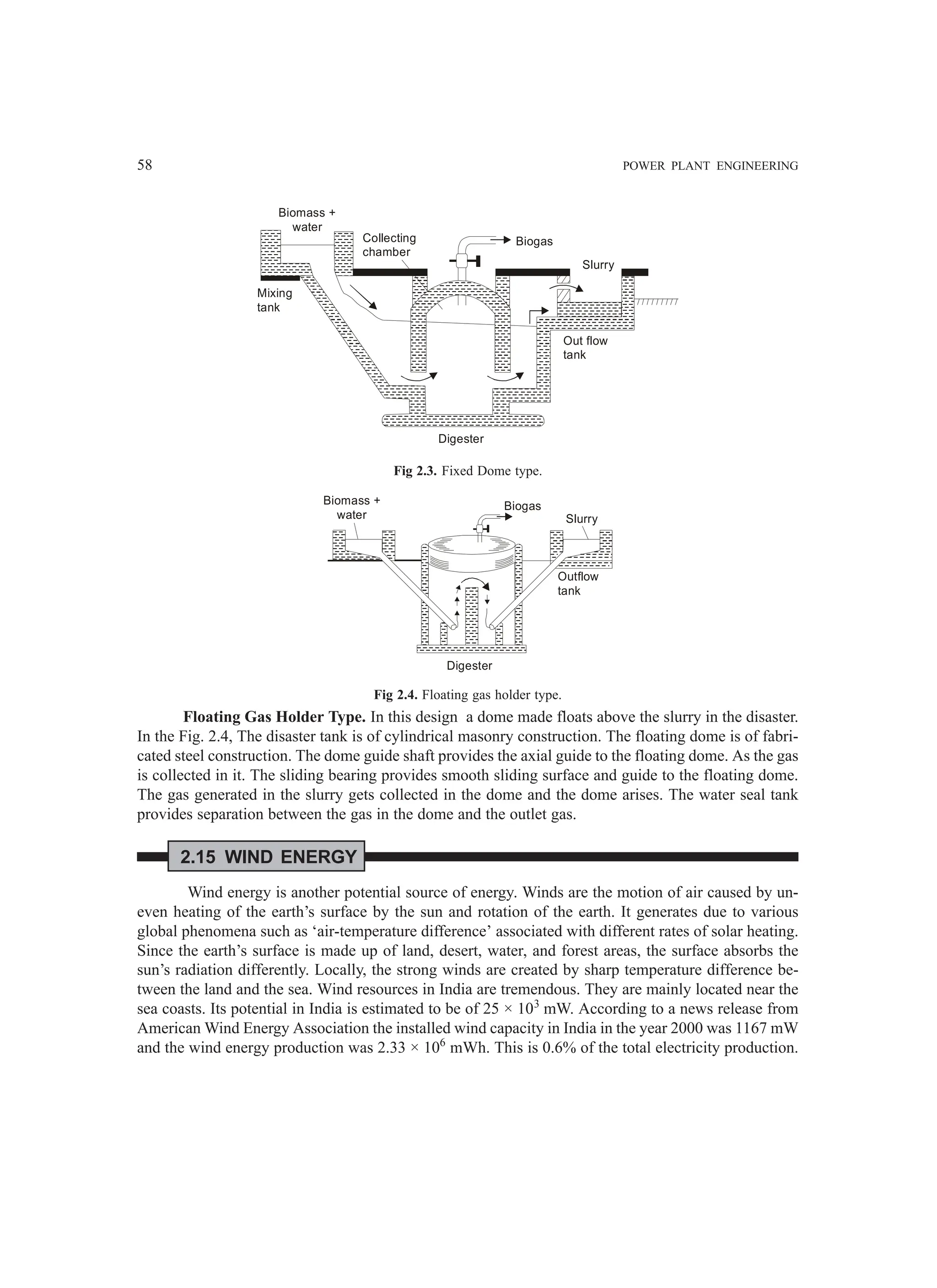 58 POWER PLANT ENGINEERING
Mixing
tank
Collecting
chamber
Biogas
Biomass +
water
Slurry
Out flow
tank
Digester
Fig 2.3. Fixed Dome type.
Biomass +
water
Biogas
Slurry
Outflow
tank
Digester
Fig 2.4. Floating gas holder type.
Floating Gas Holder Type. In this design a dome made floats above the slurry in the disaster.
In the Fig. 2.4, The disaster tank is of cylindrical masonry construction. The floating dome is of fabri-
cated steel construction. The dome guide shaft provides the axial guide to the floating dome. As the gas
is collected in it. The sliding bearing provides smooth sliding surface and guide to the floating dome.
The gas generated in the slurry gets collected in the dome and the dome arises. The water seal tank
provides separation between the gas in the dome and the outlet gas.
2.15 WIND ENERGY
Wind energy is another potential source of energy. Winds are the motion of air caused by un-
even heating of the earth’s surface by the sun and rotation of the earth. It generates due to various
global phenomena such as ‘air-temperature difference’ associated with different rates of solar heating.
Since the earth’s surface is made up of land, desert, water, and forest areas, the surface absorbs the
sun’s radiation differently. Locally, the strong winds are created by sharp temperature difference be-
tween the land and the sea. Wind resources in India are tremendous. They are mainly located near the
sea coasts. Its potential in India is estimated to be of 25 × 103
mW. According to a news release from
American Wind Energy Association the installed wind capacity in India in the year 2000 was 1167 mW
and the wind energy production was 2.33 × 106
mWh. This is 0.6% of the total electricity production.
 