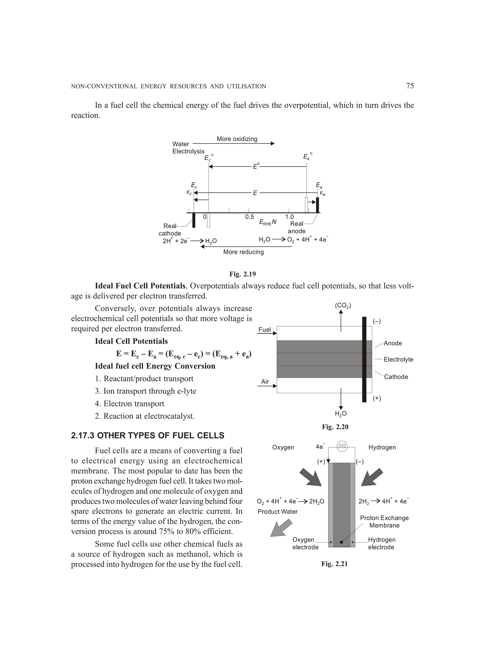 NON-CONVENTIONAL ENERGY RESOURCES AND UTILISATION 75
In a fuel cell the chemical energy of the fuel drives the overpotential, which in turn drives the
reaction.
O + 4H + 4e
2
+ –
H O
2
0 0.5 1.0
E N
RHE Real
anode
2H + 2e
+ –
Real
cathode
εa
More oxidizing
Water
Electrolysis
More reducing
εc
Ec
E
o
c
E
o
a
E
o
E
H O
2
Ea
Fig. 2.19
Ideal Fuel Cell Potentials. Overpotentials always reduce fuel cell potentials, so that less volt-
age is delivered per electron transferred.
Conversely, over potentials always increase
electrochemical cell potentials so that more voltage is
required per electron transferred.
Ideal Cell Potentials
E = Ec – Ea = (Eeq, c – ec) = (Eeq, a + ea)
Ideal fuel cell Energy Conversion
1. Reactant/product transport
3. Ion transport through e-lyte
4. Electron transport
2. Reaction at electrocatalyst.
2.17.3 OTHER TYPES OF FUEL CELLS
Fuel cells are a means of converting a fuel
to electrical energy using an electrochemical
membrane. The most popular to date has been the
proton exchange hydrogen fuel cell. It takes two mol-
ecules of hydrogen and one molecule of oxygen and
produces two molecules of water leaving behind four
spare electrons to generate an electric current. In
terms of the energy value of the hydrogen, the con-
version process is around 75% to 80% efficient.
Some fuel cells use other chemical fuels as
a source of hydrogen such as methanol, which is
processed into hydrogen for the use by the fuel cell.
H O
2
(CO )
2
Air
Fuel
(–)
(+)
Anode
Electrolyte
Cathode
Fig. 2.20
Product Water
O + 4H + 4e
2
+ –
2H O
2 2H2 4H + 4e
+ –
Hydrogen
Oxygen 4e
–
(+) (–)
Oxygen
electrode
Hydrogen
electrode
Proton Exchange
Membrane
Fig. 2.21
 