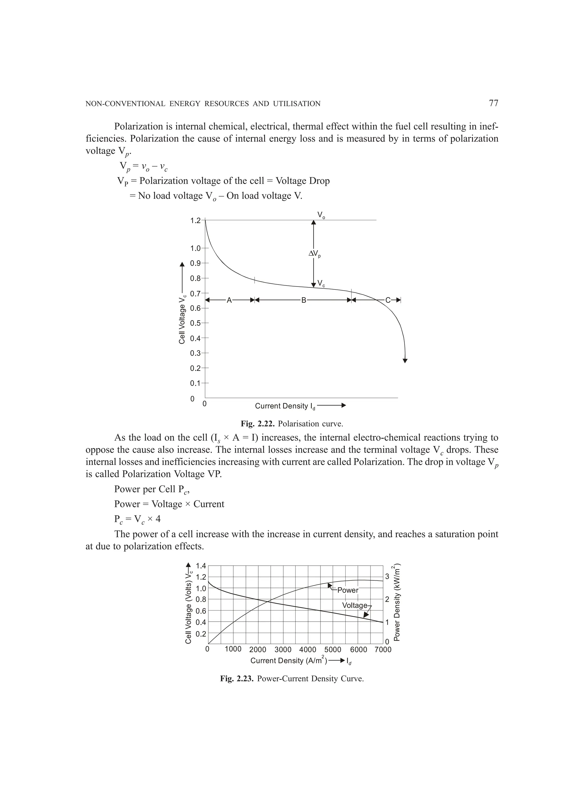 NON-CONVENTIONAL ENERGY RESOURCES AND UTILISATION 77
Polarization is internal chemical, electrical, thermal effect within the fuel cell resulting in inef-
ficiencies. Polarization the cause of internal energy loss and is measured by in terms of polarization
voltage Vp.
Vp = vo – vc
VP = Polarization voltage of the cell = Voltage Drop
= No load voltage Vo – On load voltage V.
0
0.1
0
0.2
0.3
0.4
0.5
0.6
0.7
0.8
0.9
1.0
1.2
A B C
∆Vp
Vc
Vo
Cell
Voltage
V
c
Current Density Id
Fig. 2.22. Polarisation curve.
As the load on the cell (Is × A = I) increases, the internal electro-chemical reactions trying to
oppose the cause also increase. The internal losses increase and the terminal voltage Vc drops. These
internal losses and inefficiencies increasing with current are called Polarization. The drop in voltage Vp
is called Polarization Voltage VP.
Power per Cell Pc,
Power = Voltage × Current
Pc = Vc × 4
The power of a cell increase with the increase in current density, and reaches a saturation point
at due to polarization effects.
0.2
0.4
0.6
0.8
1.0
1.2
1.4
0 1000 2000 3000 4000 5000 6000 7000
Power
Density
(kW/m
)
2
Current Density (A/m )
2
Id
Power
Voltage
0
1
2
3
Cell
Voltage
(Volts)
V
c
Fig. 2.23. Power-Current Density Curve.
 
