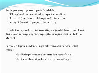 Ratio gen yang diperoleh pada F2 adalah :
OO : 25 % (dominan : tidak opaque), disandi : α1
Oo : 50 % (dominan : tidak opaque), disandi : α2
oo : 25 % (resesif : opaque), disandi : α 3
Pada kasus penelitian ini semestinya sejumlah benih hasil kawin
diri adalah sebanyak 25 % opaque jika mengikuti kaidah hukum
Mendel.
Penyajian hipotesis Mendel juga dikemukakan Bender (1982)
yakni :
H0 : Ratio phenotipe dominan dan resesif = 3 : 1
H1 : Ratio phenotipe dominan dan resesif ≠ 3 : 1

 