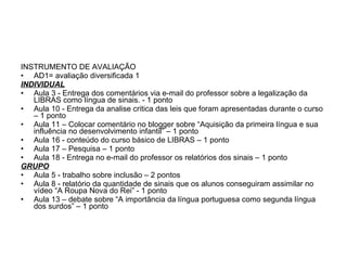 INSTRUMENTO DE AVALIAÇÃO AD1= avaliação diversificada 1 INDIVIDUAL Aula 3 - Entrega dos comentários via e-mail do professor sobre a legalização da LIBRAS como língua de sinais. - 1 ponto Aula 10 - Entrega da analise critica das leis que foram apresentadas durante o curso – 1 ponto Aula 11 – Colocar comentário no blogger sobre “Aquisição da primeira língua e sua influência no desenvolvimento infantil” – 1 ponto Aula 16 - conteúdo do curso básico de LIBRAS – 1 ponto Aula 17 – Pesquisa – 1 ponto Aula 18 - Entrega no e-mail do professor os relatórios dos sinais – 1 ponto GRUPO Aula 5 - trabalho sobre inclusão – 2 pontos Aula 8 - relatório da quantidade de sinais que os alunos conseguiram assimilar no vídeo “A Roupa Nova do Rei” - 1 ponto Aula 13 – debate sobre “A importância da língua portuguesa como segunda língua dos surdos” – 1 ponto 