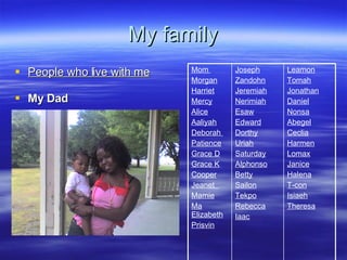My family People who live with me My Dad Leamon Tomah Jonathan Daniel Nonsa Abegel Ceclia Harmen Lomax Janice Halena T-con Isiaeh Theresa Joseph Zandohn Jeremiah Nerimiah Esaw Edward Dorthy Uriah Saturday Alphonso Betty Sailon Tekpo Rebecca Iaac Mom  Morgan Harriet Mercy Alice Aaliyah Deborah  Patience Grace D Grace K Cooper Jeanet  Mamie Ma Elizabeth Prisvin 