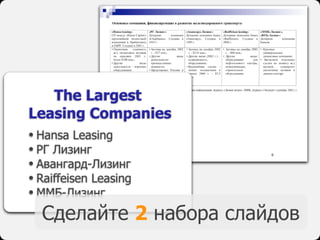 The Largest
Leasing Companies
• Hansa Leasing
• РГ Лизинг
• Авангард-Лизинг
• Raiffeisen Leasing
• ММБ-Лизинг
Сделайте 2 н...