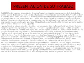 PRESENTACION DE SU TRABAJO En 1865 Mendel presentó los resultados de ocho años de investigación en una reunión de la Sociedad de Ciencia Natural de Brün a una audencia de entusiastas científicos locales. Las minutas de la reunión, es decir, el borrador de los temas tratados en la misma que sorprendentemente todavía existen, registran que no se hizo ni una pregunta (en las palabras de L.C. Dunn, “uno de los más extraños silencios en la historia de la Biología”). Los oyentes rápidamente se enfrascaron en una discusión del tema “caliente” del día:  Sobre el origen de las especies , de Darwin, que había sido publicado seis años antes. El artículo de Mendel se publicó en la revista de la Sociedad al año siguiente.     Mendel envió su artículo a muchos científicos bien conocidos. Sólo el afamado botánico alemán Karl von Naegeli respondió. Le sugirió que intentase sus técnicas de reproducción con orejas de ratón, una de las plantas experimentales favoritas de Naegeli, para ver si la reproducción de esa planta común confirmaba los resultados obtenidos con los guisantes. Mendel humildemente siguió el consejo del eminente Naegeli. Empleó cinco frustrantes años, que lo distrajeron de sus otros estudios, y arruinó su vista. Las orejas de ratón mostraron “una conducta exactamente opuesta a la de los guisantes”. No se supo hasta 45 años después que esta hierba intratable con frecuencia produce semillas por  apogamia , esto es, producción de un embrión sin fecundación a partir de cualquiera de las células del saco embrionario distinta de la ovocélula, de modo que a veces se forman descendientes por cruzamiento, pero no siempre.  Esta profunda desilusión presagió el fin del trabajo científico de Mendel. En 1868 fue elegido abad de su monasterio. Sus crecientes responsabilidades administrativas hasta la muerte, en 1884, pusieron fin a sus experimentos. Su insistencia, paradójicamente fortuita pero novedosa, en el análisis matemático, combinada con su modestia innata y reticencia, contribuyó a que no fuese reconocido. Su meta era ver si había “una ley aplicable en forma general que rigiese la formación del desarrollo de híbridos”. Así lo hizo, pero pasarían más de treinta años antes de que la significación de su trabajo fuese reconocida.    