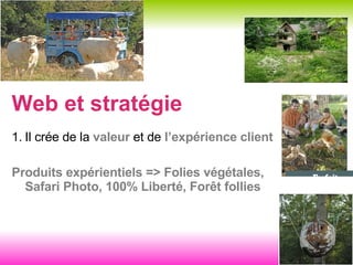 Web et stratégie Il crée de la  valeur  et de  l’expérience client Produits expérientiels => Folies végétales, Safari Photo, 100% Liberté, Forêt follies 
