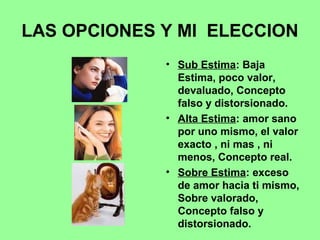 LAS OPCIONES Y MI ELECCION
• Sub Estima: Baja
Estima, poco valor,
devaluado, Concepto
falso y distorsionado.
• Alta Estima: amor sano
por uno mismo, el valor
exacto , ni mas , ni
menos, Concepto real.
• Sobre Estima: exceso
de amor hacia ti mismo,
Sobre valorado,
Concepto falso y
distorsionado.
 