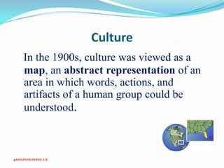 Culture
In the 1900s, culture was viewed as a
map, an abstract representation of an
area in which words, actions, and
artifacts of a human group could be
understood.

@ESOLINHIGHERED, LLC

 