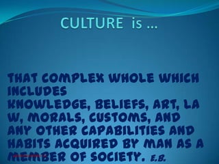 that complex whole which
includes
knowledge, beliefs, art, la
w, morals, customs, and
any other capabilities and
habits acquired by man as a
member of society. E.B.
@ESOLINHIGHERED, LLC

 
