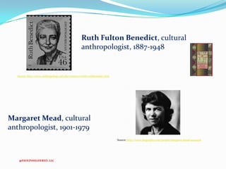 Ruth Fulton Benedict, cultural
anthropologist, 1887-1948

Source: http://www.anthropology.usf.edu/women/ruthb/ruthbenedict.htm

Margaret Mead, cultural
anthropologist, 1901-1979
Source: http://www.biography.com/people/margaret-mead-9404056

@ESOLINHIGHERED, LLC

 