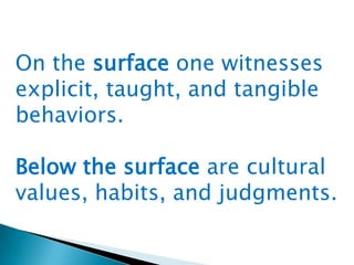 On the surface one witnesses
explicit, taught, and tangible
behaviors.
Below the surface are cultural
values, habits, and judgments.

 