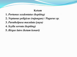 Ketam
1. Portunus sexdentatus (kepiting)
2. Neptunus peligicus (rajungan) / Pagurus sp.
3. Parathelpusa maculata (yuyu)
4. Scylla serrata (kepiting)
5. Birgus latro (ketam kenari)
 