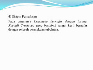 4) Sistem Pernafasan
Pada umumnya Crustacea bernafas dengan insang.
Kecuali Crustacea yang bertubuh sangat kecil bernafas
dengan seluruh permukaan tubuhnya.
 