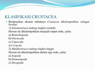 KLASIFIKASI CRUSTACEA
 Berdasarkan ukuran tubuhnya Crustacea dikelompokkan sebagai
  berikut:
  1) Entomostraca (udang tingkat rendah)
  Hewan ini dikelompokkan menjadi empat ordo, yaitu:
  a) Branchiopoda
  b) Ostracoda
  c) Copecoda
  d) Cirripedia
  2) Malakostraca (udang tingkat tinggi)
  Hewan ini dikelompokkan dalam tiga ordo, yaitu:
  a) Isopoda
  b) Stomatopoda
  c) Decapoda
 