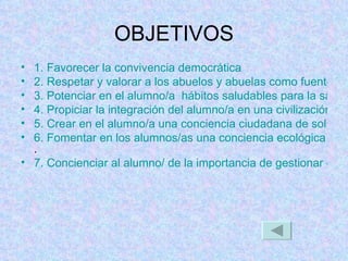 OBJETIVOS 1. Favorecer la convivencia democrática 2. Respetar y valorar a los abuelos y abuelas como fuente de sabiduría. 3. Potenciar en el alumno/a  hábitos saludables para la salud 4. Propiciar la integración del alumno/a en una civilización universal. 5. Crear en el alumno/a una conciencia ciudadana de solidaridad. 6. Fomentar en los alumnos/as una conciencia ecológica medioambiental . 7. Concienciar al alumno/ de la importancia de gestionar correctamente la economía 