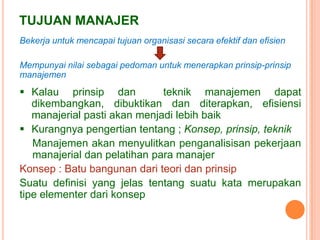 TUJUAN MANAJER
Bekerja untuk mencapai tujuan organisasi secara efektif dan efisien
Mempunyai nilai sebagai pedoman untuk menerapkan prinsip-prinsip
manajemen

 Kalau prinsip dan
teknik manajemen dapat
dikembangkan, dibuktikan dan diterapkan, efisiensi
manajerial pasti akan menjadi lebih baik
 Kurangnya pengertian tentang ; Konsep, prinsip, teknik
Manajemen akan menyulitkan penganalisisan pekerjaan
manajerial dan pelatihan para manajer
Konsep : Batu bangunan dari teori dan prinsip
Suatu definisi yang jelas tentang suatu kata merupakan
tipe elementer dari konsep

 