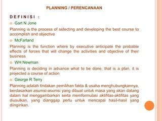 PLANNING / PERENCANAAN
DEFINISI :


Gart N Jone

Planning is the process of selecting and developing the best course to
accomplish and objective


McFarland

Planning is the function where by executive anticipate the probable
effects of forces that will change the activities and objective of their
business


WH Newman

Planning is deciding in advance what to be done, that is a plan, it is
projected a course of action


George R Terry

Planning adalah tindakan pemilihan fakta & usaha menghubungkannya,
berdasarkan asumsi-asumsi yang dibuat untuk masa yang akan datang
dalam hal menggambarkan serta memformulasi aktifitas-aktifitas yang
diusulkan, yang dianggap perlu untuk mencapai hasil-hasil yang
diinginkan.

 