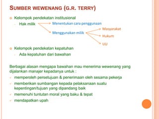 SUMBER WEWENANG (G.R. TERRY)


Kelompok pendekatan institusional
Menentukan cara penggunaan
- Hak milik
Menggunakan milik

Masyarakat
Hukum
UU



Kelompok pendekatan kepatuhan
-

Ada kepatuhan dari bawahan

Berbagai alasan mengapa bawahan mau menerima wewenang yang
dijalankan manajer kepadanya untuk :


memperoleh persetujuan & penerimaan oleh sesama pekerja



memberikan sumbangan kepada pelaksanaan suatu
kepentingan/tujuan yang dipandang baik



memenuhi tuntutan moral yang baku & tepat



mendapatkan upah

 