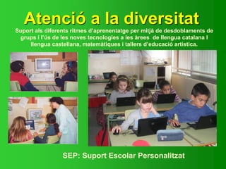 Atenció a la diversitat
Suport als diferents ritmes d’aprenentatge per mitjà de desdoblaments de
grups i l’ús de les noves tecnologies a les àrees de llengua catalana I
llengua castellana, matemàtiques i tallers d’educació artística.
SEP: Suport Escolar Personalitzat
 