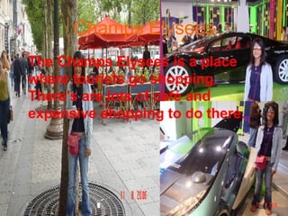 Champs Elysees The Champs Elysees is a place where tourists go shopping. There's are lots of café and expensive shopping to do there. 