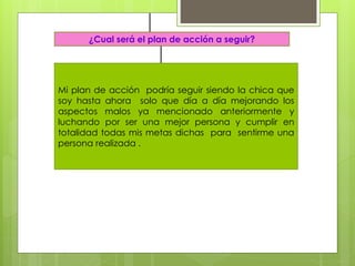 ¿Cual será el plan de acción a seguir?
Mi plan de acción podría seguir siendo la chica que
soy hasta ahora solo que día a día mejorando los
aspectos malos ya mencionado anteriormente y
luchando por ser una mejor persona y cumplir en
totalidad todas mis metas dichas para sentirme una
persona realizada .
 