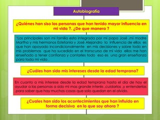 Autobiografía
¿Quiénes han siso las personas que han tenido mayor influencia en
mi vida ?. ¿De que manera ?
*Los principales son mi familia esta integrada por mi papa José ,mi madre
Martha y mis hermanos Estefanía y José Alejandro la influencia de ellos es
que han apoyado incondicionalmente en mis decisiones y sobre todo en
mis problemas que ha sucedido en el transcurso de mi vida ellos me han
enseñado a tener confianza y contarles todo eso es una gran enseñanza
para toda mi vida .
¿Cuáles han sido mis intereses desde la edad temprana?
En cuanto a mis interese desde la edad temprana hasta el dia de hoy el
ayudar a las personas a sido mi mas grande interés ,cuidarlas ,y entenderlas
,para saber que hay muchas cosas que solo quedan en el olvido.
¿Cuales han sido los acontecimientos que han influido en
forma decisiva en lo que soy ahora ?
 