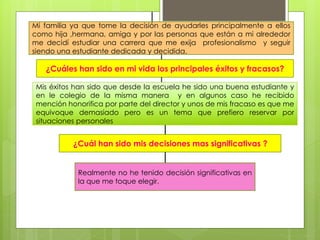 Mi familia ya que tome la decisión de ayudarles principalmente a ellos
como hija ,hermana, amiga y por las personas que están a mi alrededor
me decidí estudiar una carrera que me exija profesionalismo y seguir
siendo una estudiante dedicada y decidida.
¿Cuáles han sido en mi vida los principales éxitos y fracasos?
Mis éxitos han sido que desde la escuela he sido una buena estudiante y
en le colegio de la misma manera y en algunos caso he recibido
mención honorifica por parte del director y unos de mis fracaso es que me
equivoque demasiado pero es un tema que prefiero reservar por
situaciones personales
¿Cuál han sido mis decisiones mas significativas ?
Realmente no he tenido decisión significativas en
la que me toque elegir.
 