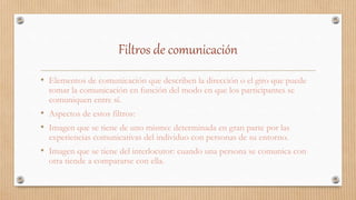 Filtros de comunicación
• Elementos de comunicación que describen la dirección o el giro que puede
tomar la comunicación en función del modo en que los participantes se
comuniquen entre sí.
• Aspectos de estos filtros:
• Imagen que se tiene de uno mismo: determinada en gran parte por las
experiencias comunicativas del individuo con personas de su entorno.
• Imagen que se tiene del interlocutor: cuando una persona se comunica con
otra tiende a compararse con ella.
 