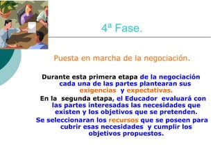 4ª Fase. Puesta en marcha de la negociación. Durante esta primera etapa  de la negociación  cada una de las partes plantearan sus  exigencias   y  expectativas. En la  segunda etapa , el Educador  evaluará con las partes interesadas las necesidades que existen y los objetivos que se pretenden. Se seleccionaran los  recursos  que se poseen para cubrir esas necesidades  y cumplir los objetivos propuestos. 