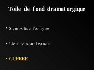 Toile de fond dramaturgique Symbolise l’origine Lieu de souffrance GUERRE 