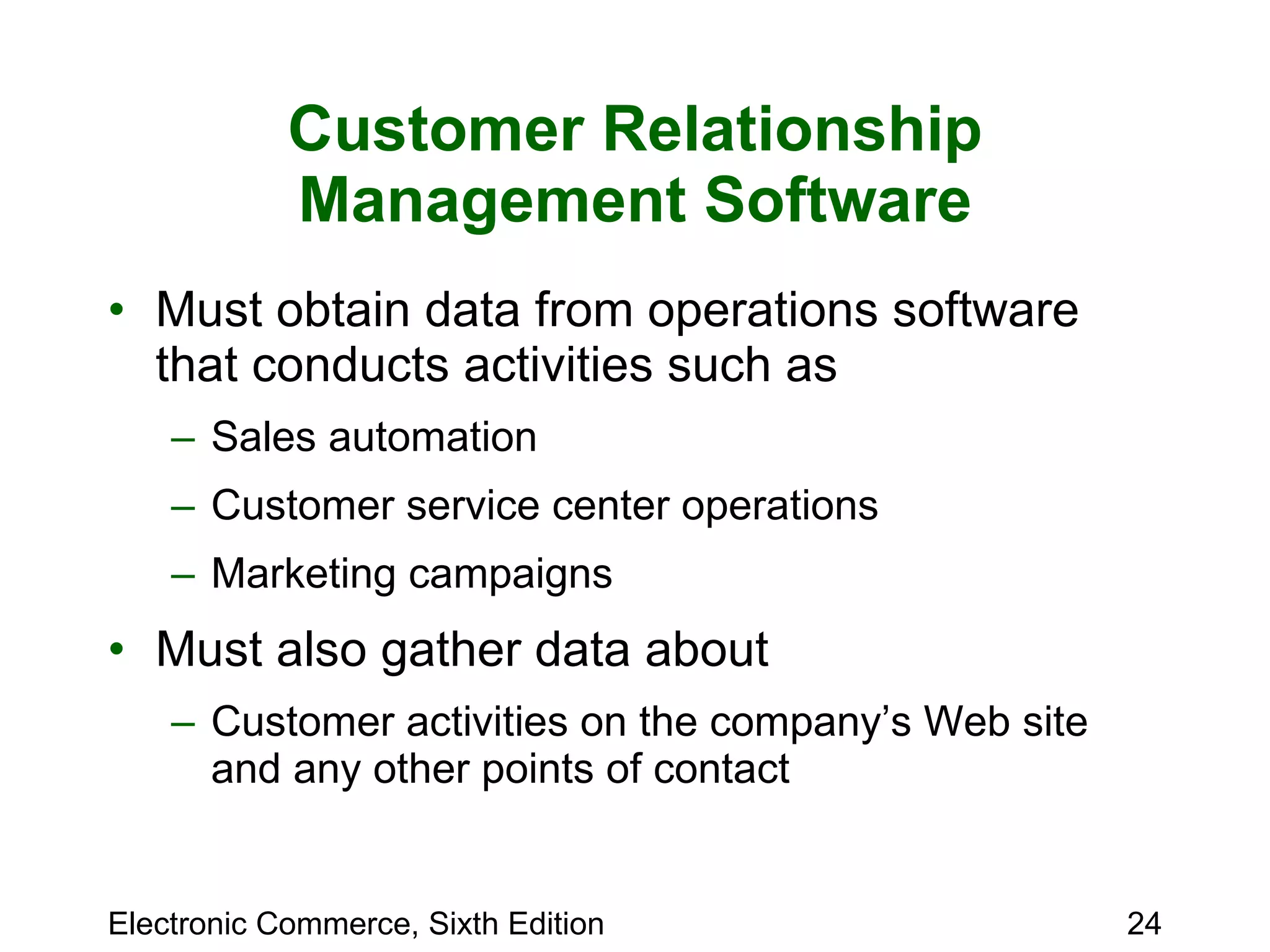 Customer Relationship Management Software Must obtain data from operations software that conducts activities such as Sales automation Customer service center operations Marketing campaigns Must also gather data about  Customer activities on the company’s Web site and any other points of contact 