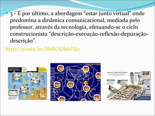 3 - E por último, a abordagem “estar junto virtual” onde predomina a dinâmica comunicacional, mediada pelo professor, através da tecnologia, efetuando-se o ciclo construcionista “descrição-execução-reflexão-depuração-descrição”.  http://youtu.be/ShRODbkFIJ0 