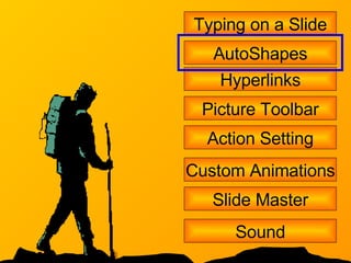 Typing on a Slide AutoShapes Hyperlinks Picture Toolbar Action Setting Custom Animations Slide Master Sound 