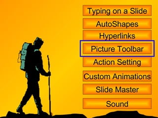 Typing on a Slide AutoShapes Hyperlinks Picture Toolbar Action Setting Custom Animations Slide Master Sound 