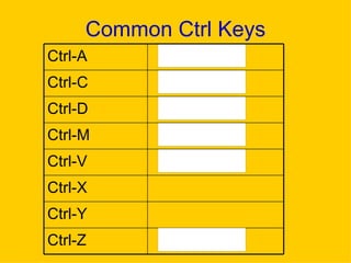 Common Ctrl Keys Ctrl-Z Ctrl-Y Ctrl-X Ctrl-V Ctrl-M Ctrl-D Ctrl-C Ctrl-A 