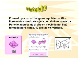 Octaedro Formado por ocho triángulos equiláteros. Gira libremente cuando se sujeta por vértices opuestos. Por ello, representa al aire en movimiento. Está formado por 8 caras, 12 aristas y 6 vértices.   