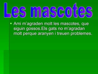 Ami m’agraden molt les mascotes, que siguin gossos.Els gats no m’agradan molt perque aranyen i treuen problemes. Les mascotes 