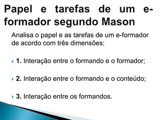 Analisa o papel e as tarefas de um e-formador
de acordo com três dimensões:
 1. Interação entre o formando e o formador;
 2. Interação entre o formando e o conteúdo;
 3. Interação entre os formandos.
 