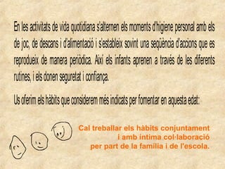 Cal treballar els hàbits conjuntament
i amb íntima col·laboració
per part de la família i de l'escola.
Enlesactivitatsdevidaquotidianas’alternenelsmomentsd’higienepersonalambels
dejoc, dedescansi d’alimentaciói s’estableix sovint unaseqüènciad’accionsquees
reprodueix de manera periòdica. Així els infants aprenen a través de les diferents
rutines,ielsdonenseguretaticonfiança.
Usoferimelshàbitsqueconsideremmésindicatsperfomentarenaquestaedat:
 