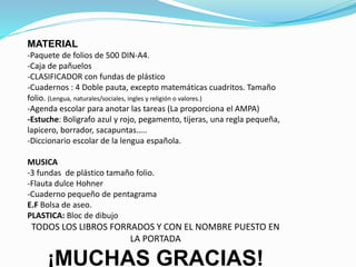 MATERIAL
-Paquete de folios de 500 DIN-A4.
-Caja de pañuelos
-CLASIFICADOR con fundas de plástico
-Cuadernos : 4 Doble pauta, excepto matemáticas cuadritos. Tamaño
folio. (Lengua, naturales/sociales, ingles y religión o valores.)
-Agenda escolar para anotar las tareas (La proporciona el AMPA)
-Estuche: Boligrafo azul y rojo, pegamento, tijeras, una regla pequeña,
lapicero, borrador, sacapuntas…..
-Diccionario escolar de la lengua española.
MUSICA
-3 fundas de plástico tamaño folio.
-Flauta dulce Hohner
-Cuaderno pequeño de pentagrama
E.F Bolsa de aseo.
PLASTICA: Bloc de dibujo
TODOS LOS LIBROS FORRADOS Y CON EL NOMBRE PUESTO EN
LA PORTADA
¡MUCHAS GRACIAS!
3B
3D
 