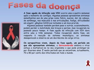 A fase aguda da infecção com VIH  ocorre uma a quatro semanas após o momento do contágio. Algumas pessoas apresentam sintomas semelhantes aos de uma gripe como febre, suores, dor de cabeça, de estômago, nos músculos e nas articulações, fadiga, dificuldades em engolir, gânglios linfáticos inchados e um leve prurido.  Algumas pessoas também perdem peso e outras, ocasionalmente, podem perder a mobilidade dos braços e pernas, mas recuperam-na passado pouco tempo. A fase aguda da infecção com VIH dura entre uma a três semanas. Todos recuperam desta fase, em resposta à reacção do sistema imunológico, os sintomas desaparecem e observa-se um decréscimo da carga vírica. Os seropositivos vivem, depois da fase aguda, um período em que não apresentam sintomas,  a  Seroconversão  embora o vírus esteja a multiplicar-se no seu organismo o que pode prolongar-se por diversos anos. É neste período que se encontram, actualmente, 70 a 80 por cento dos infectados em todo o mundo.  