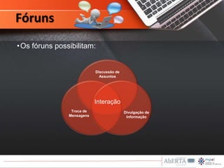 Interação
Troca de
Mensagens
Discussão de
Assuntos
Divulgação de
Informação
Fóruns
•Os fóruns possibilitam:
 