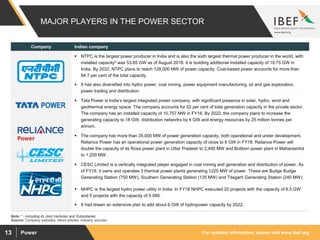 For updated information, please visit www.ibef.orgPower13
MAJOR PLAYERS IN THE POWER SECTOR
Source: Company websites, News articles, Industry sources
Company Indian company
 NTPC is the largest power producer in India and is also the sixth largest thermal power producer in the world, with
installed capacity* was 53.65 GW as of August 2018, it is building additional installed capacity of 19.75 GW in
India. By 2032, NTPC plans to reach 128,000 MW of power capacity. Coal-based power accounts for more than
84.7 per cent of the total capacity.
 It has also diversified into hydro power, coal mining, power equipment manufacturing, oil and gas exploration,
power trading and distribution.
 Tata Power is India’s largest integrated power company, with significant presence in solar, hydro, wind and
geothermal energy space. The company accounts for 52 per cent of total generation capacity in the private sector.
The company has an installed capacity of 10,757 MW in FY18. By 2022, the company plans to increase the
generating capacity to 18 GW, distribution networks by 4 GW and energy resources by 25 million tonnes per
annum.
 The company has more than 35,000 MW of power generation capacity, both operational and under development.
Reliance Power has an operational power generation capacity of close to 6 GW in FY18. Reliance Power will
double the capacity of its Rosa power plant in Uttar Pradesh to 2,400 MW and Butibori power plant in Maharashtra
to 1,200 MW .
 CESC Limited is a vertically integrated player engaged in coal mining and generation and distribution of power. As
of FY18, it owns and operates 3 thermal power plants generating 1225 MW of power. These are Budge Budge
Generating Station (750 MW), Southern Generating Station (135 MW) and Titagarh Generating Station (240 MW).
 NHPC is the largest hydro power utility in India. In FY18 NHPC executed 20 projects with the capacity of 6.5 GW
and 5 projects with the capacity of 0.089.
 It had drawn an extensive plan to add about 6 GW of hydropower capacity by 2022.
Note: * - including its Joint Ventures and Subsidiaries
 