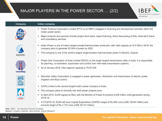 For updated information, please visit www.ibef.orgPower14
MAJOR PLAYERS IN THE POWER SECTOR … (2/2)
Source: Company websites, News articles, Aranca Research
Company Indian company
 Power Finance Corporation Limited (PFC) is an NBFC engaged in financing and development activities within the
Indian power sector.
 Major products and services include project term loans, lease financing, direct discounting of bills, short-term loans
and consultancy services.
 Adani Power is one of India’s largest private thermal power producers, with total capacity at 10.5 GW in 2018; the
company aims to generate 20 GW of power by 2020.
 The company is one of the world’s largest single-location thermal power plants in Mundra, Gujarat.
 Power Grid Corporation of India Limited (PGCIL) is the single largest transmission utility in India; it is responsible
for planning, co-ordination, supervision and control over inter-state transmission systems.
 As of January 2018, inter-regional capacity is 78.05 GW.
 Damodar Valley Corporation is engaged in power generation, distribution and transmission of electric power,
irrigation and flood control.
 SJVN Limited is the second largest hydro power company in India.
 The company plans to diversify into wind power projects soon.
 In April 2018, SJVN signed an MoU with the Ministry of Power to achieve 9,200 million units generation during
2018-19.
 In FY2018-19, SJVN will have Capital Expenditure (CAPEX) target of Rs 900 crore (US$ 139.64 million) and
turnover target of Rs 2,175 crore (US$ 337.47 million).
Note: NBFC - Non-Banking Financial Company
 