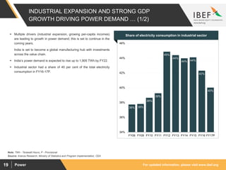 For updated information, please visit www.ibef.orgPower19
INDUSTRIAL EXPANSION AND STRONG GDP
GROWTH DRIVING POWER DEMAND … (1/2)
38% 38%
39%
39%
45%
44%
44% 44%
42%
40%
34%
36%
38%
40%
42%
44%
46%
FY08 FY09 FY10 FY11 FY12 FY13 FY14 FY15 FY16 FY17P
Source: Aranca Research, Ministry of Statistics and Program Implementation, CEA
Note: TWh - Terawatt Hours, P - Provisional
 Multiple drivers (industrial expansion, growing per-capita incomes)
are leading to growth in power demand; this is set to continue in the
coming years.
India is set to become a global manufacturing hub with investments
across the value chain.
 India’s power demand is expected to rise up to 1,905 TWh by FY22.
 Industrial sector had a share of 40 per cent of the total electricity
consumption in FY16-17P.
Visakhapatnam port traffic (million tonnes)Share of electricity consumption in industrial sector
 