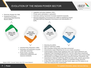 For updated information, please visit www.ibef.orgPower7
EVOLUTION OF THE INDIAN POWER SECTOR
Source: MNRE, Corporate Catalyst India, IFLR, Aranca Research
 Electricity (Supply) Act 1948.
 Establishment of semi-
autonomous State Electricity
Boards (SEBs).
 Legislative and policy initiatives (1991).
 Private sector participation in generation.
 Fast-track clearing mechanism of private investment proposals.
 Electricity Regulatory Commissions Act (1998) for establishing Central
and State Electricity Regulatory Commissions and rationalisation of
tariffs.
 Industrial Policy Resolution (1956).
 Generation and distribution of power
under state ownership.
 Power losses, subsidies,
infrastructure bottlenecks and
resource constraints.
 Electricity Act (2003).
 National Tariff Policy (2006).
 New renewable energy policy have been announced.
 Amendments made in Electricity Act so as to create competition .
 Implementation of Deen Dayal Upadhyay Gram Jyoti Yojana (DDUGJY) and
Integrated Power Development Scheme for rural and urban areas respectively.
 Implementation of Ujwal DISCOM Assurance Yojana (UDAY) which would enable
electrification to all villages and tracking it using the Grameen Vidyutikaran App.
 Amendment in National Tariff Policy (2016) has been made, wherein government
is focusing more on sustainable utilisation of renewable energy resources.
 In May 2018, India ranked 4th in the Asia Pacific region out of 25 nations on an
index that measures their overall power.
Before 1956
Introductory
Stage
1956–1991
Nationalisation
Stage
1991–2003
Liberalisation
Era
2003 onwards
Growth
Era
 