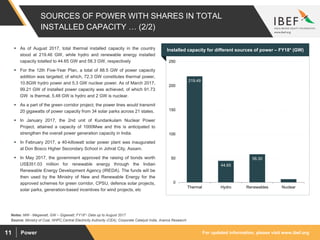 For updated information, please visit www.ibef.orgPower11
SOURCES OF POWER WITH SHARES IN TOTAL
INSTALLED CAPACITY … (2/2)
219.49
44.65
58.30
6.78
0
50
100
150
200
250
Thermal Hydro Renewables Nuclear
Source: Ministry of Coal, NHPC,Central Electricity Authority (CEA), Corporate Catalyst India, Aranca Research
 As of August 2017, total thermal installed capacity in the country
stood at 219.46 GW, while hydro and renewable energy installed
capacity totalled to 44.65 GW and 58.3 GW, respectively
 For the 12th Five-Year Plan, a total of 88.5 GW of power capacity
addition was targeted; of which, 72.3 GW constitutes thermal power,
10.8GW hydro power and 5.3 GW nuclear power. As of March 2017,
99.21 GW of installed power capacity was achieved, of which 91.73
GW is thermal, 5.48 GW is hydro and 2 GW is nuclear.
 As a part of the green corridor project, the power lines would transmit
20 gigawatts of power capacity from 34 solar parks across 21 states.
 In January 2017, the 2nd unit of Kundankulam Nuclear Power
Project, attained a capacity of 1000Mwe and this is anticipated to
strengthen the overall power generation capacity in India.
 In February 2017, a 40-killowatt solar power plant was inaugurated
at Don Bosco Higher Secondary School in Johrat City, Assam.
 In May 2017, the government approved the raising of bonds worth
US$351.03 million for renewable energy through the Indian
Renewable Energy Development Agency (IREDA). The funds will be
then used by the Ministry of New and Renewable Energy for the
approved schemes for green corridor, CPSU, defence solar projects,
solar parks, generation-based incentives for wind projects, etc
Visakhapatnam port traffic (million tonnes)Installed capacity for different sources of power – FY18* (GW)
Notes: MW - Megawatt, GW – Gigawatt; FY18*- Data up to August 2017
 