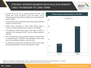 For updated information, please visit www.ibef.orgPower33
STRONG UPWARD MOMENTUM IN NUCLEAR ENERGY
LIKELY IN MEDIUM TO LONG TERM
6.78
20
0
5
10
15
20
25
2017 2020E
Source: Ministry of New and Renewable Energy, Business Monitor International, CEA, Aranca Research
Note: GW – Gigawatt, Mwe - Megawatt Electric, PHWR - Pressurised Heavy Water Reactors, BWR - Boling Water Reactors, E – Estimates
 Currently, the country has net installed capacity of 5.8 GW, using
nuclear fuels, across 20 reactors. Of the 20 reactors, 18 are
Pressurised Heavy Water Reactors (PHWR) and 2 are Boiling Water
Reactors (BWR)
 The government aims to quadruple India’s nuclear power generation
capacity to 20 GW by 2020;
 Nuclear Power Corporation of India Limited (NPCIL) plans to
construct 5 nuclear energy parks with a capacity of 10,000 Mwe
 The Kudankulam Atomic power project, Tamil Nadu, by NPCIL is
expected to start operating by 2016-17 with an installed capacity of
1000 MW.
 Unit II of Kudankulam plant has started functioning in May 2016 with
an installed capacity of 1000 MW. The Kudankulam nuclear power
plant’s 2nd unit attained criticality on 10th July, 2016
 As estimated by Nuclear Power Corporation of India, the plant would
start generating 400 MW in 45 days, after attaining criticality.
Visakhapatnam port traffic (million tonnes)Nuclear energy installed capacity in India (GW)
CAGR 36.3%
 